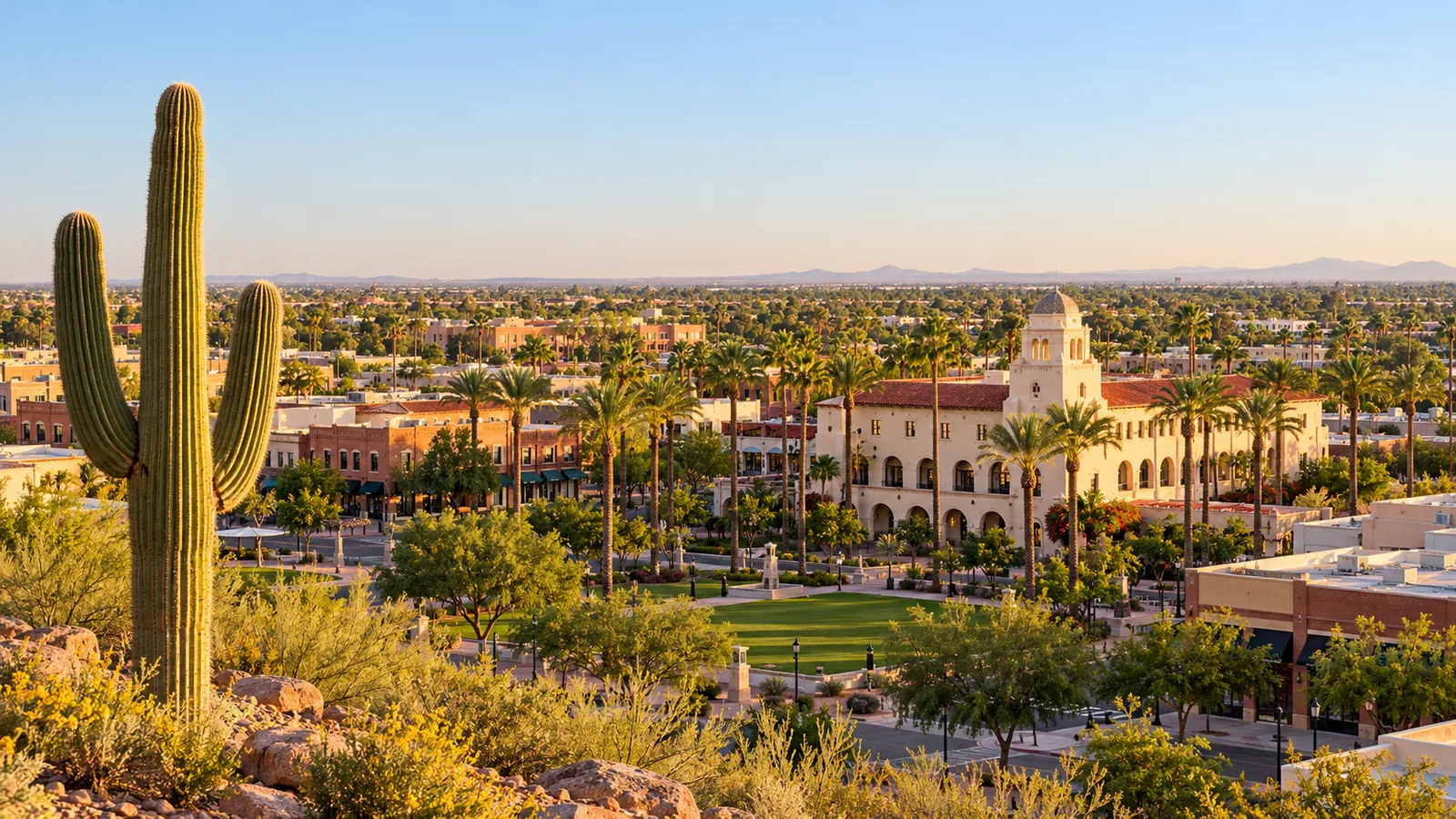 Downtown Chandler with palm trees and historic buildings at sunset