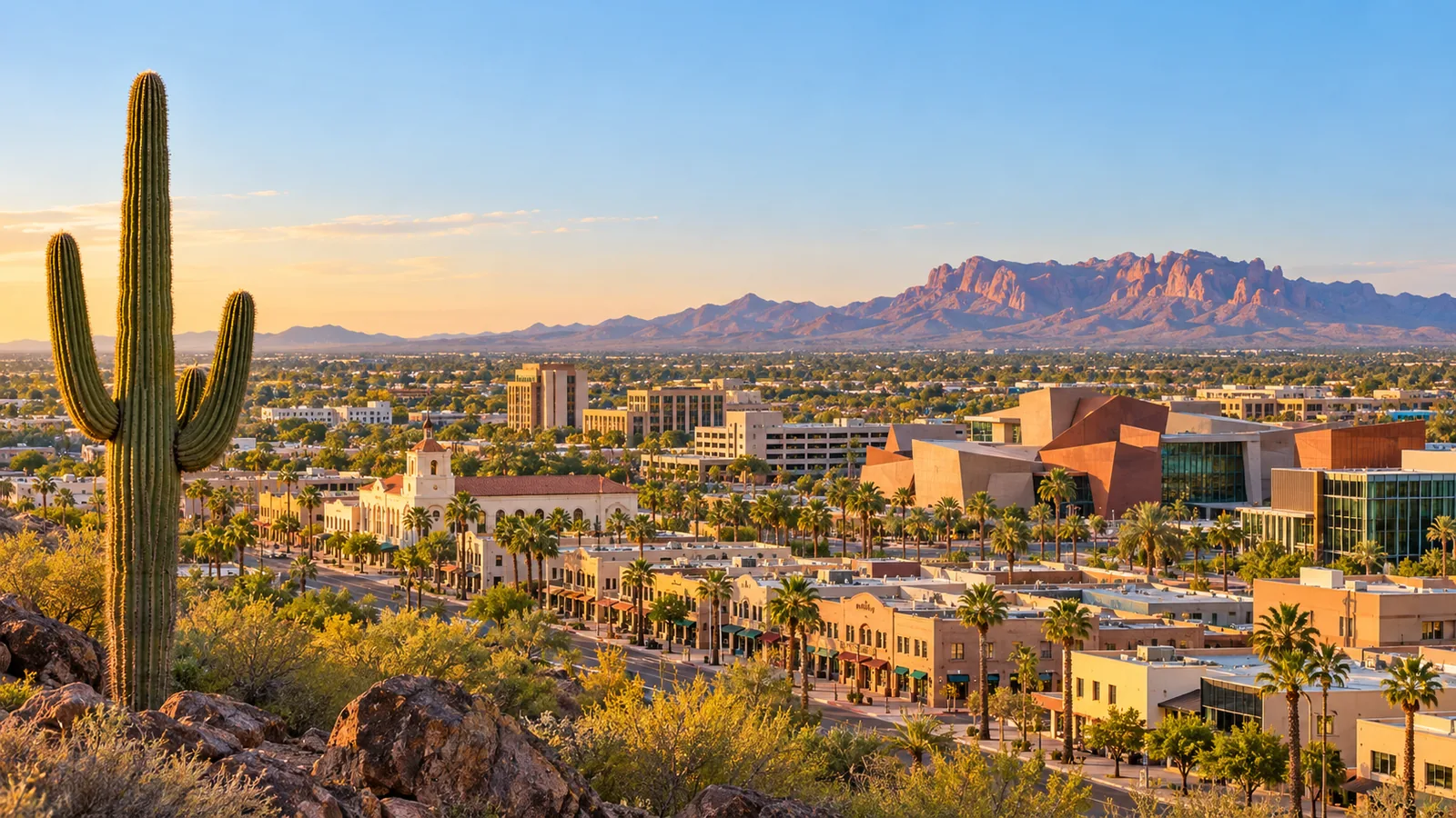 Downtown Mesa with desert mountains at sunset