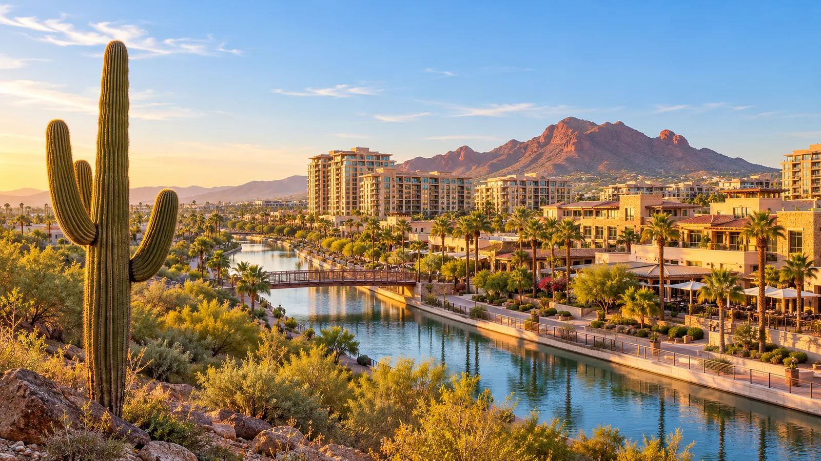 Scottsdale waterfront with palm trees and desert mountains at sunset