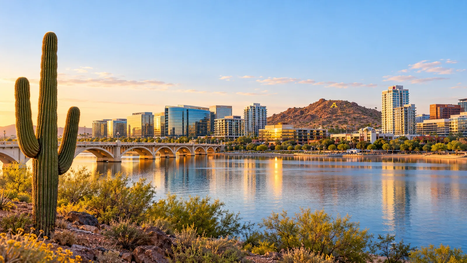 Tempe Town Lake and downtown skyline at sunset