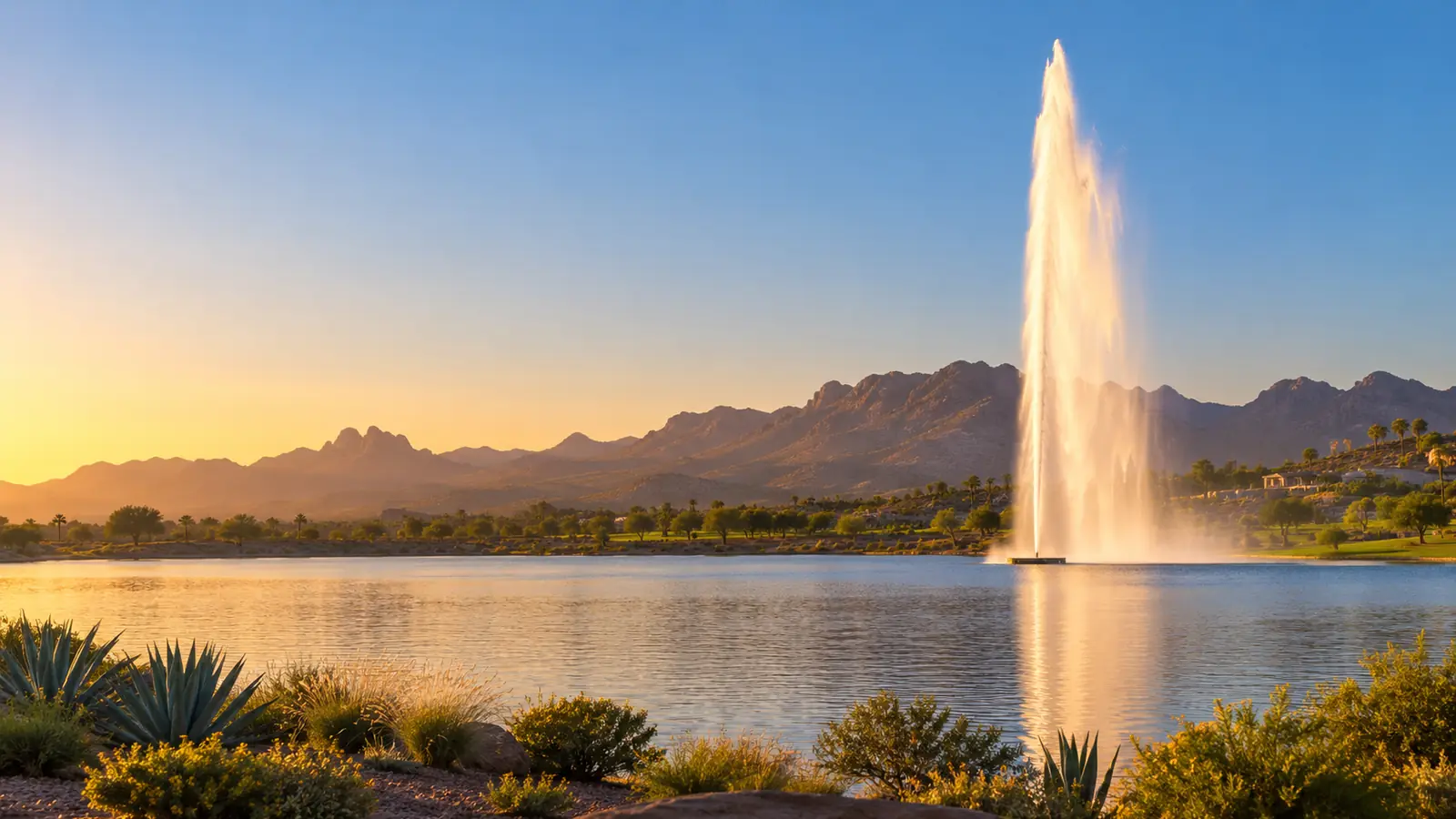 The Fountain Hills fountain with desert mountains at sunset