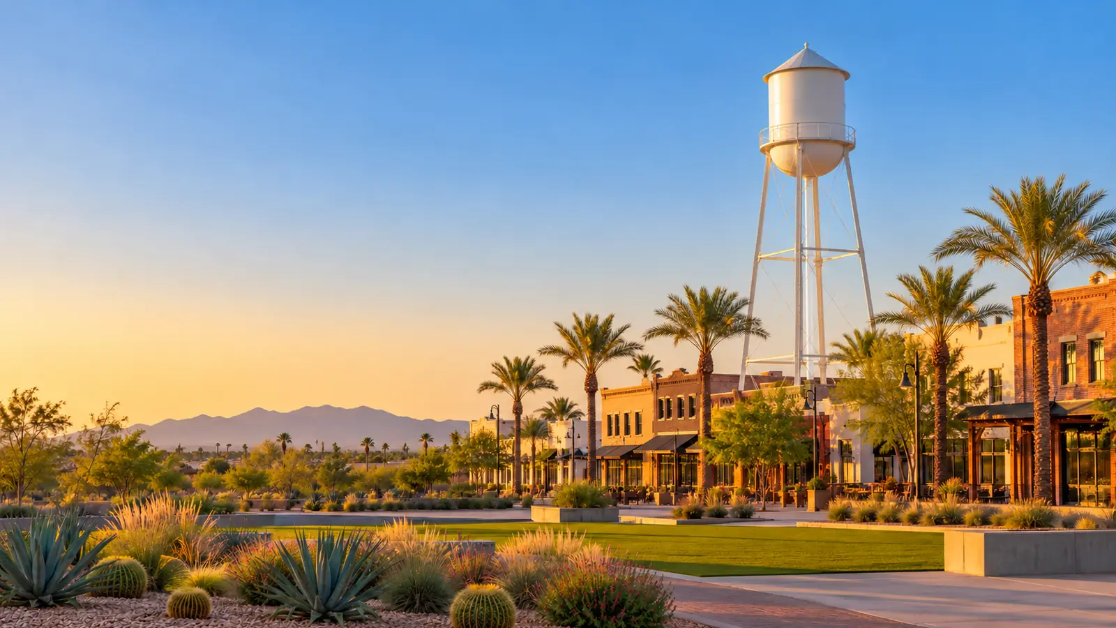Water tower above palm-lined downtown storefronts in Gilbert at sunset