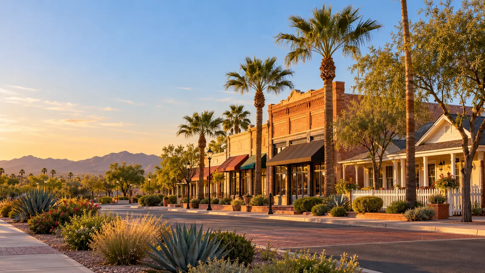 Historic brick storefronts and palm trees in downtown Glendale at sunset