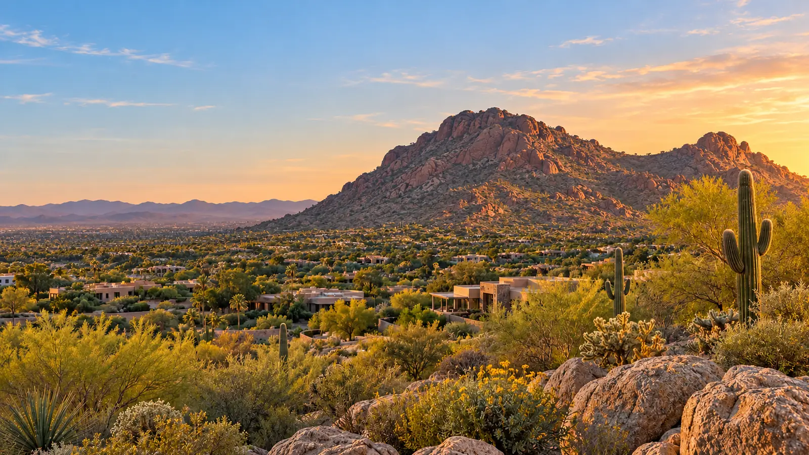 Desert homes below a rocky mountain in Paradise Valley at sunset
