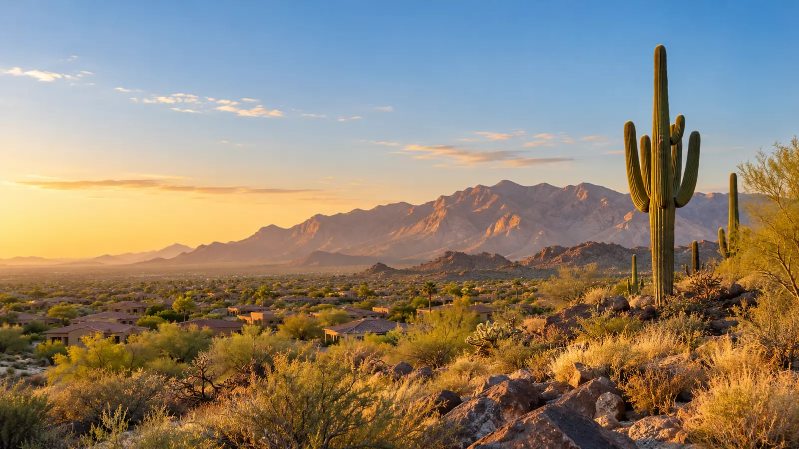 Saguaro and desert hills above Peoria neighborhoods at sunset